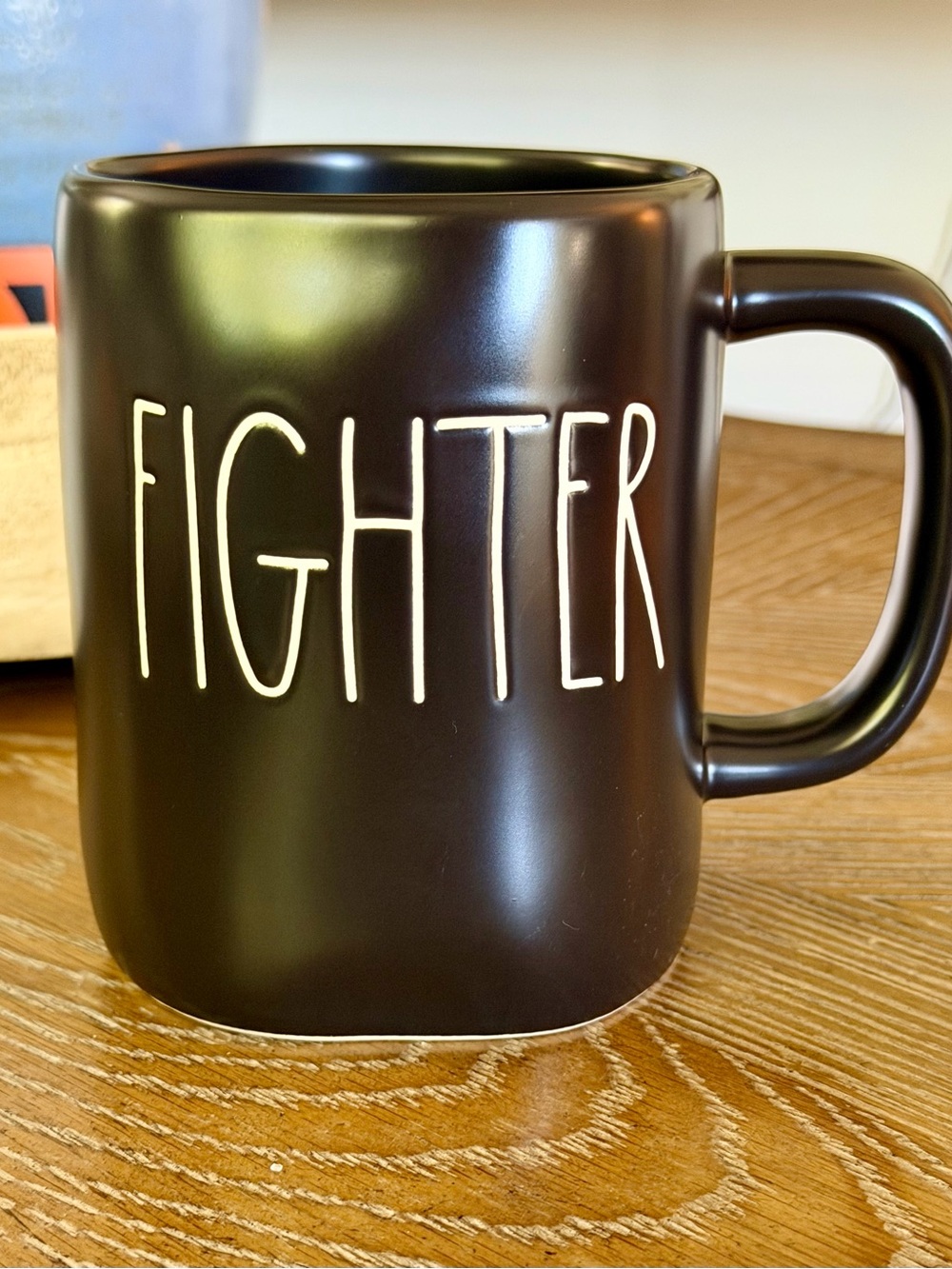 Rae Dunn Black Ceramic Mug with White "FIGHTER" Lettering